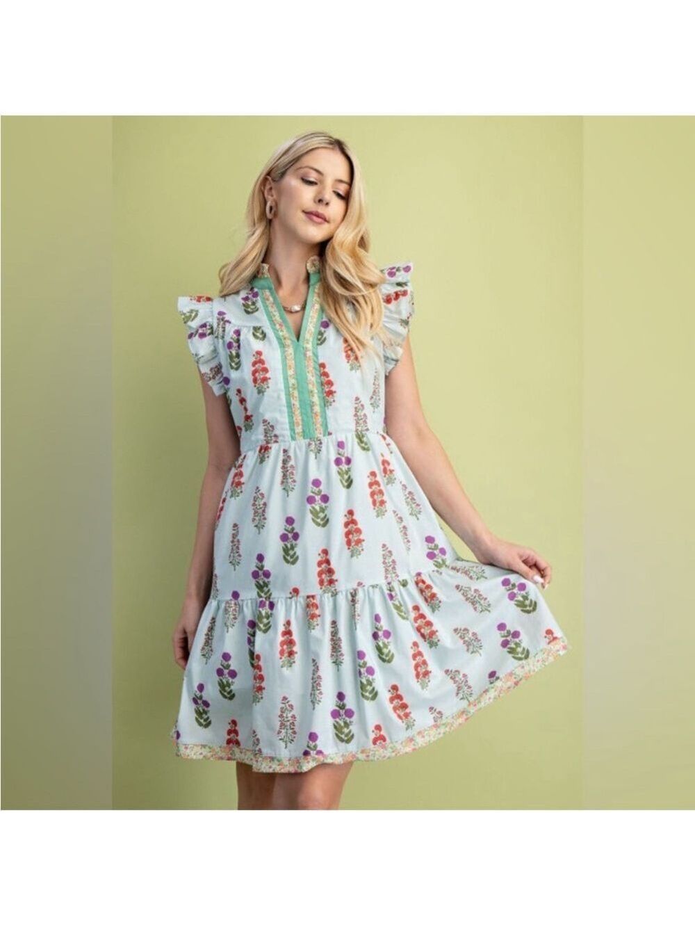 Gigio Floral Ruffle Sleeve Dress Mixed Media Mini Dress 100% Cotton Size Small - Picture 3 of 10